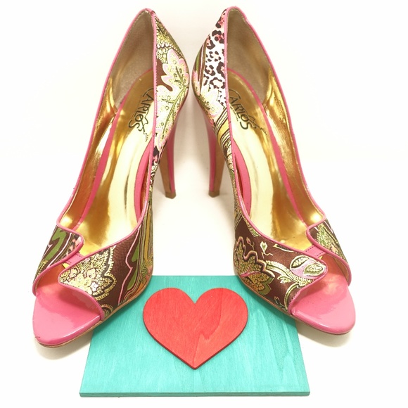 Carlos Santana Shoes - Open Toe Paisley Animal Pink Gold High Heel Shoes